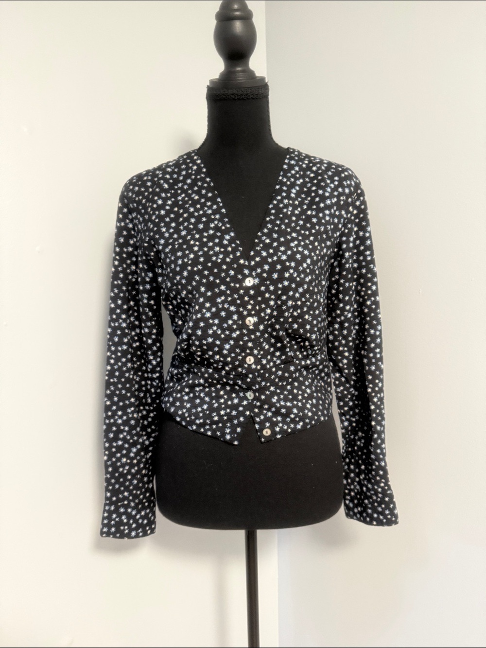 Black Floral-Print Button-Front Women's Cardigan Blouse
